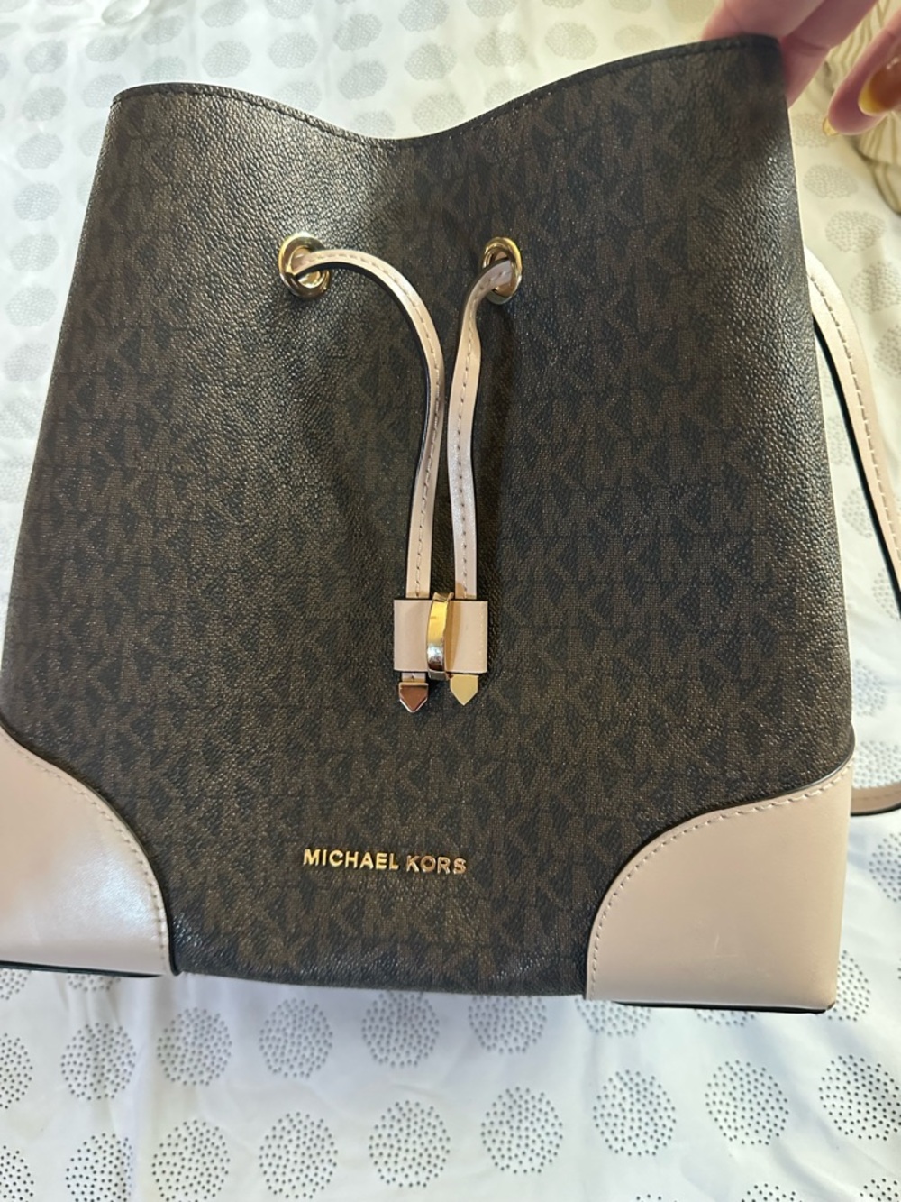 Michael Kors Brown Monogram Drawstring Brown Bucket Bag with Pale Pink Trim